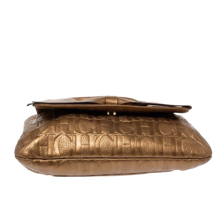 Pre Owned Carolina Herrera Metallic Bronze Monogram Leather Audrey Shoulder Bag