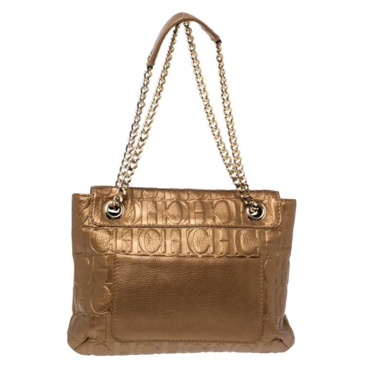 Pre Owned Carolina Herrera Metallic Bronze Monogram Leather Audrey Shoulder Bag