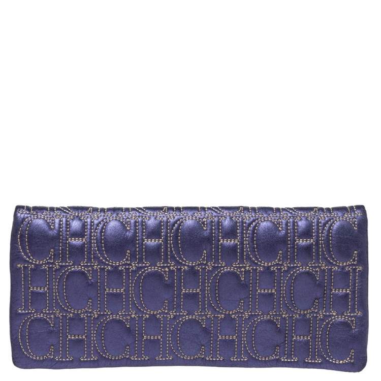 Pre Owned Carolina Herrera Metallic Purple Leather Jerry Clutch
