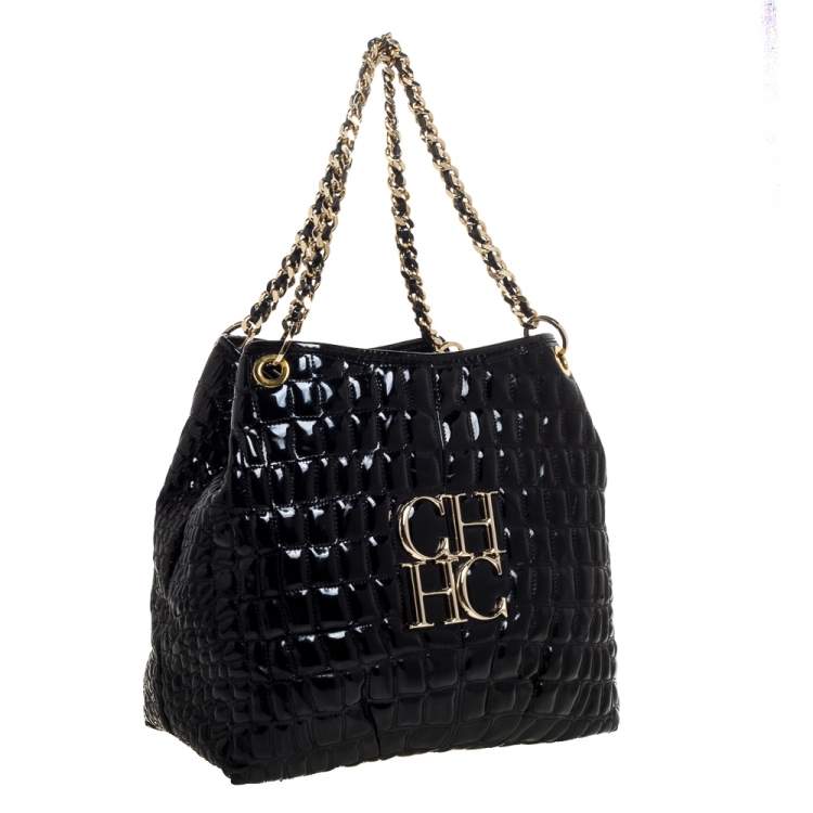 Pre Owned Carolina Herrera Black Croc Embossed Patent Leather Tote