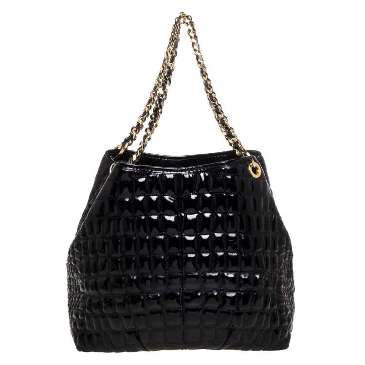 Pre Owned Carolina Herrera Black Croc Embossed Patent Leather Tote