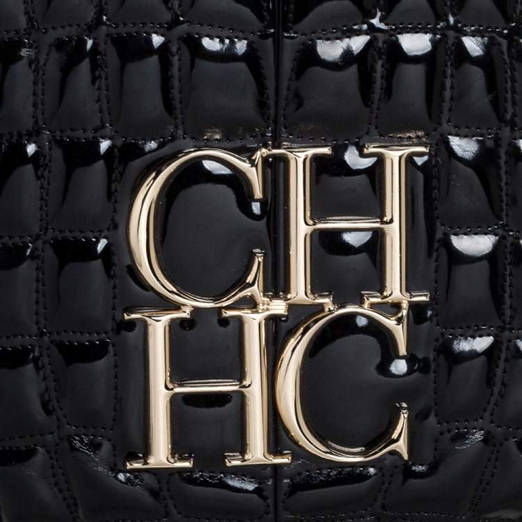 Pre Owned Carolina Herrera Black Croc Embossed Patent Leather Tote