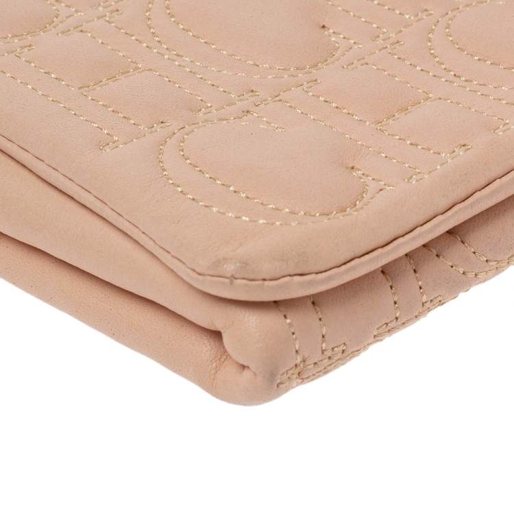 Pre Owned Carolina Herrera Peach Monogram Leather Jerry Clutch