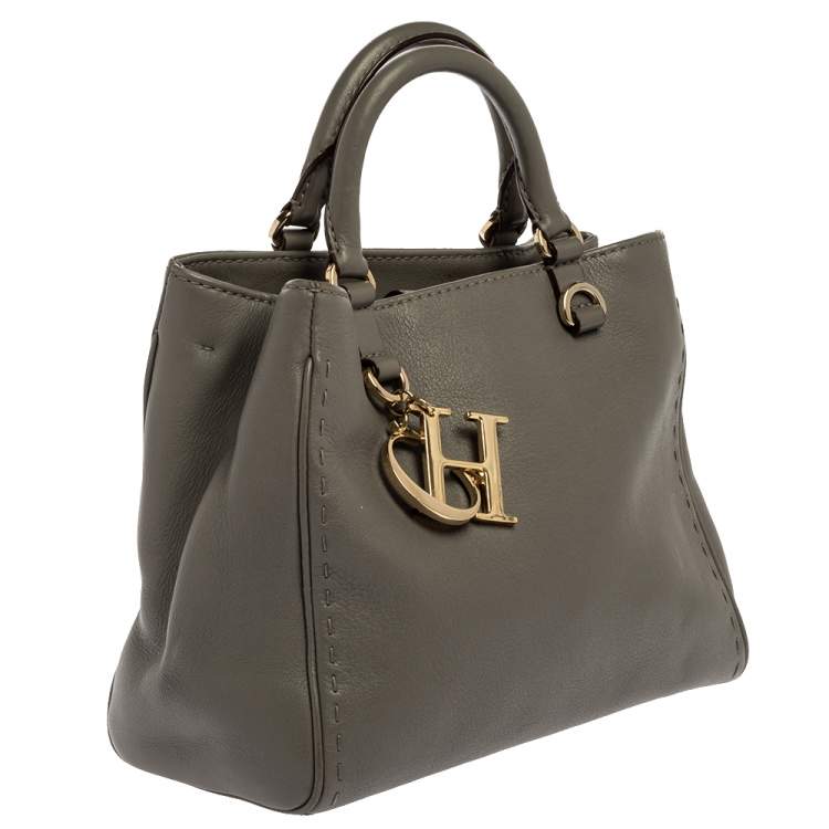 Pre Owned Carolina Herrera Grey Leather Charm Tote