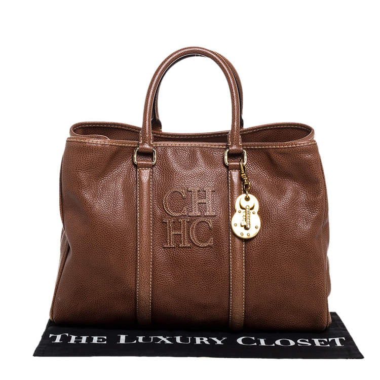 Pre Owned Carolina Herrera Brown Pebbled Leather Large Matteo Tote