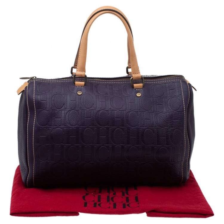 مملوكة مسبقًا Carolina Herrera Dark Purple/Tan Monogram Leather Large Andy Boston Bag