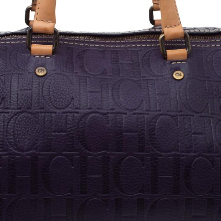 مملوكة مسبقًا Carolina Herrera Dark Purple/Tan Monogram Leather Large Andy Boston Bag