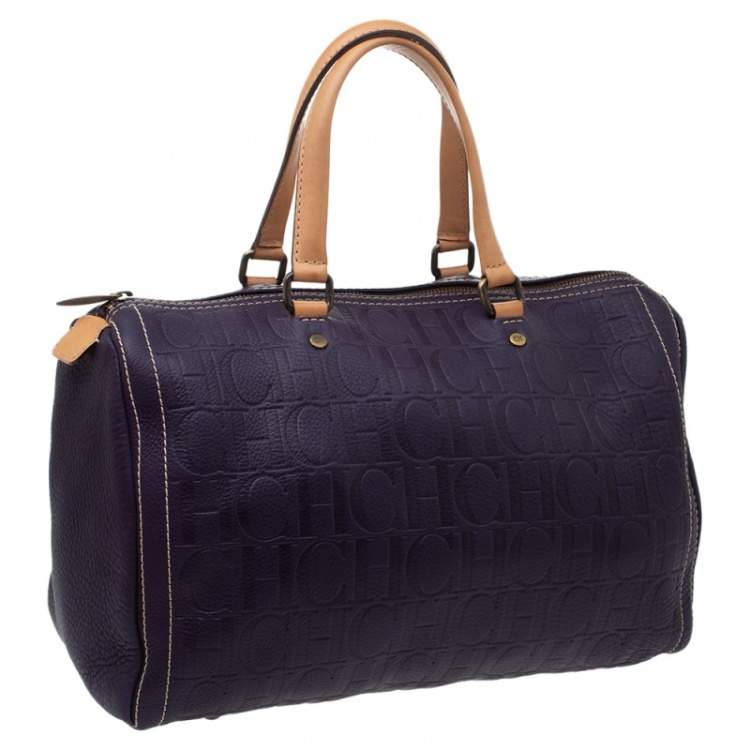 مملوكة مسبقًا Carolina Herrera Dark Purple/Tan Monogram Leather Large Andy Boston Bag