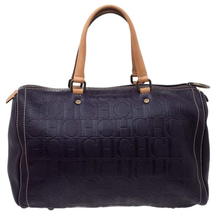 مملوكة مسبقًا Carolina Herrera Dark Purple/Tan Monogram Leather Large Andy Boston Bag