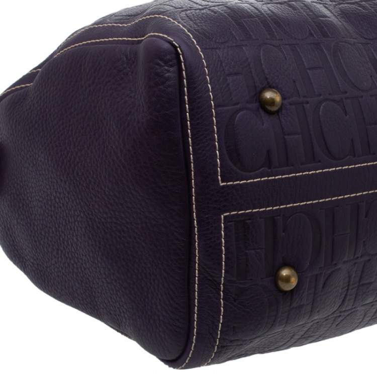 مملوكة مسبقًا Carolina Herrera Dark Purple/Tan Monogram Leather Large Andy Boston Bag