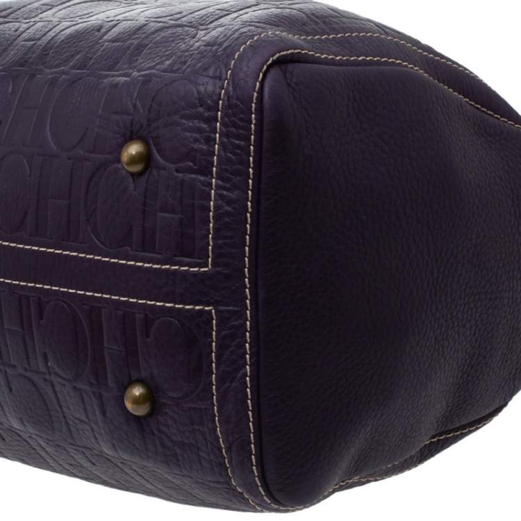 مملوكة مسبقًا Carolina Herrera Dark Purple/Tan Monogram Leather Large Andy Boston Bag
