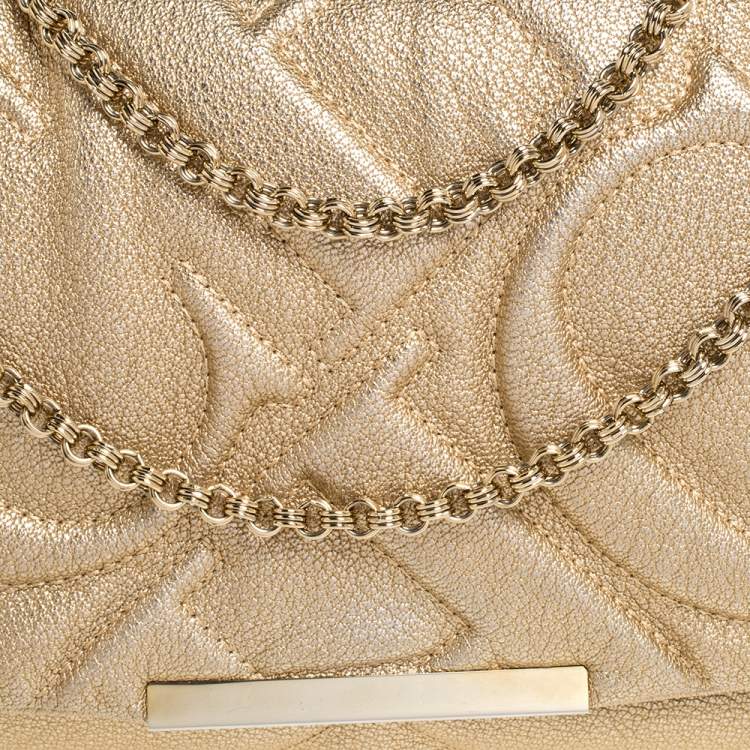 Pre Owned Carolina Herrera Gold Embossed Leather Metal Flap Shoulder Bag