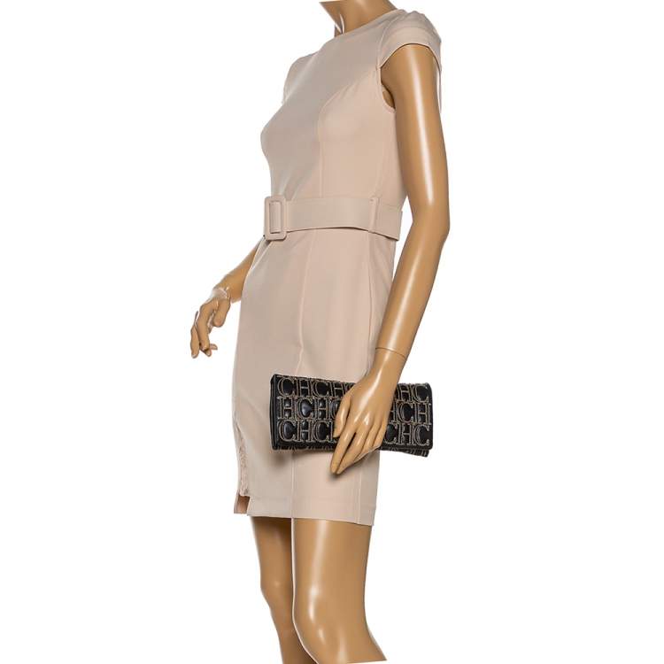 Pre Owned Carolina Herrera Black Monogram Leather Jerry Clutch