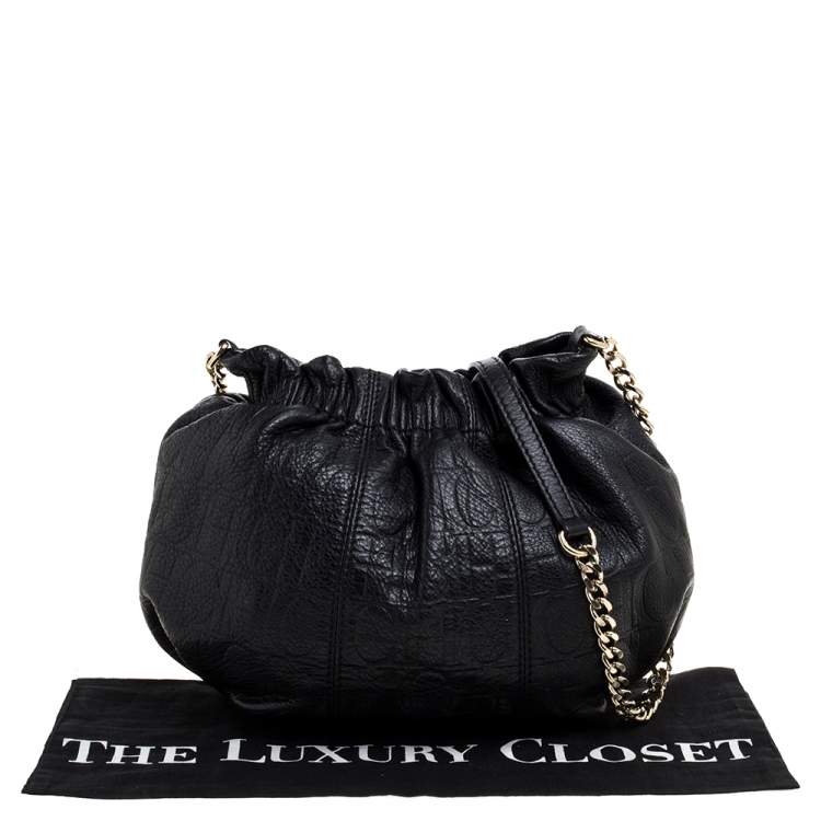 Pre Owned Carolina Herrera Black Monogram Embossed Leather Small Chain Hobo