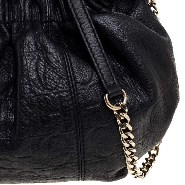 Pre Owned Carolina Herrera Black Monogram Embossed Leather Small Chain Hobo