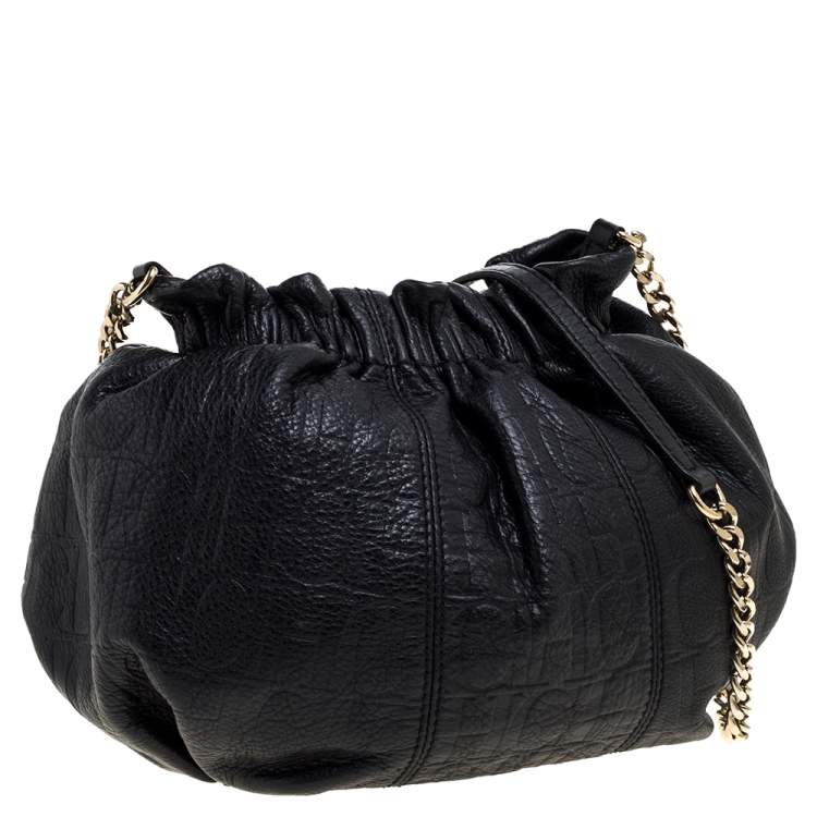 Pre Owned Carolina Herrera Black Monogram Embossed Leather Small Chain Hobo