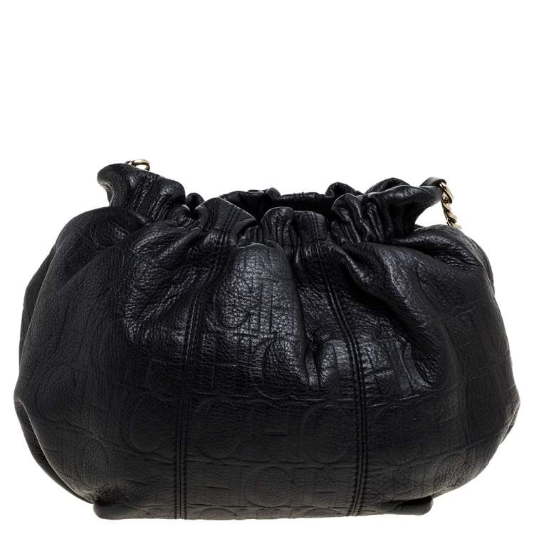 Pre Owned Carolina Herrera Black Monogram Embossed Leather Small Chain Hobo