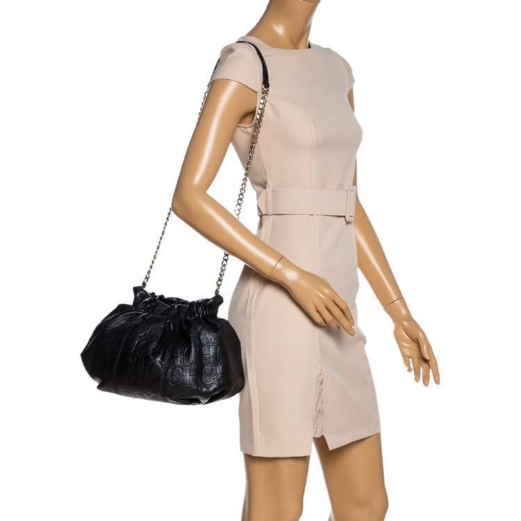 Pre Owned Carolina Herrera Black Monogram Embossed Leather Small Chain Hobo