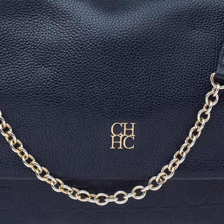 Pre Owned Carolina Herrera Navy Blue Leather Minuetto Flap Top Handle Bag