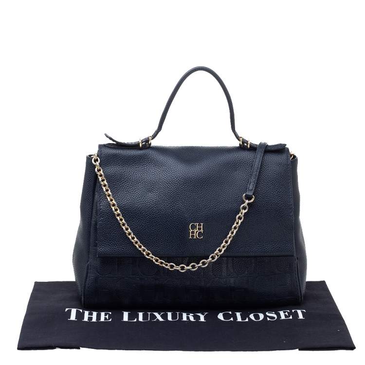 Pre Owned Carolina Herrera Navy Blue Leather Minuetto Flap Top Handle Bag