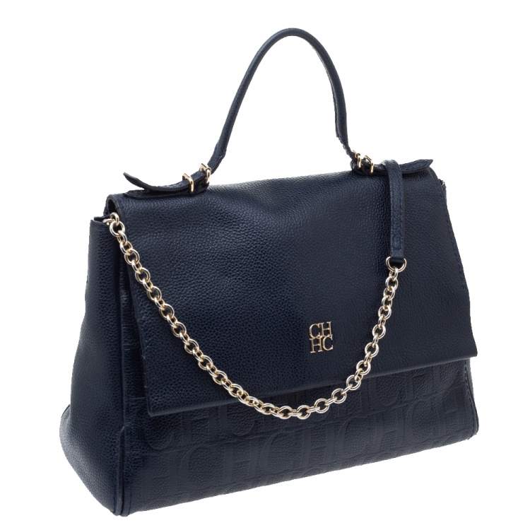 Pre Owned Carolina Herrera Navy Blue Leather Minuetto Flap Top Handle Bag