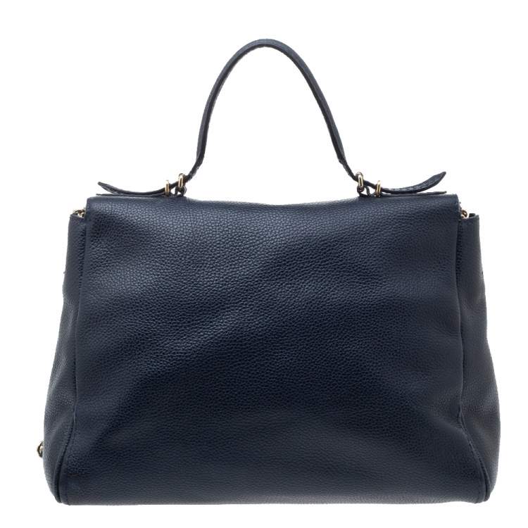 Pre Owned Carolina Herrera Navy Blue Leather Minuetto Flap Top Handle Bag