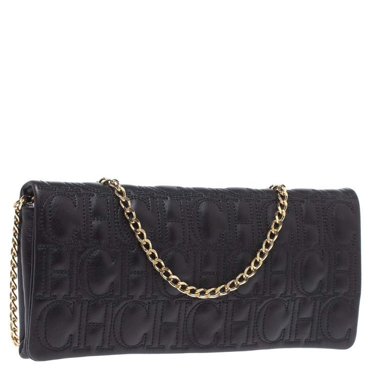 Pre Owned Carolina Herrera Black Monogram Leather Jerry Chain Clutch 