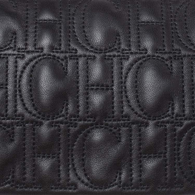 Pre Owned Carolina Herrera Black Monogram Leather Jerry Chain Clutch 