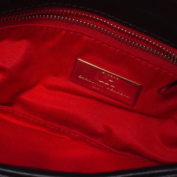 Pre Owned Carolina Herrera Black Monogram Leather Jerry Chain Clutch 