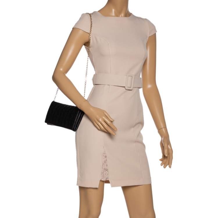 Pre Owned Carolina Herrera Black Monogram Leather Jerry Chain Clutch 