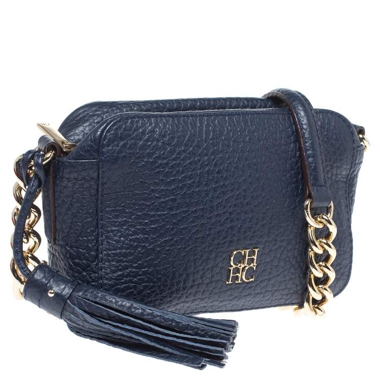 Pre Owned Carolina Herrera Navy Blue Leather Mini Crossbody Bag