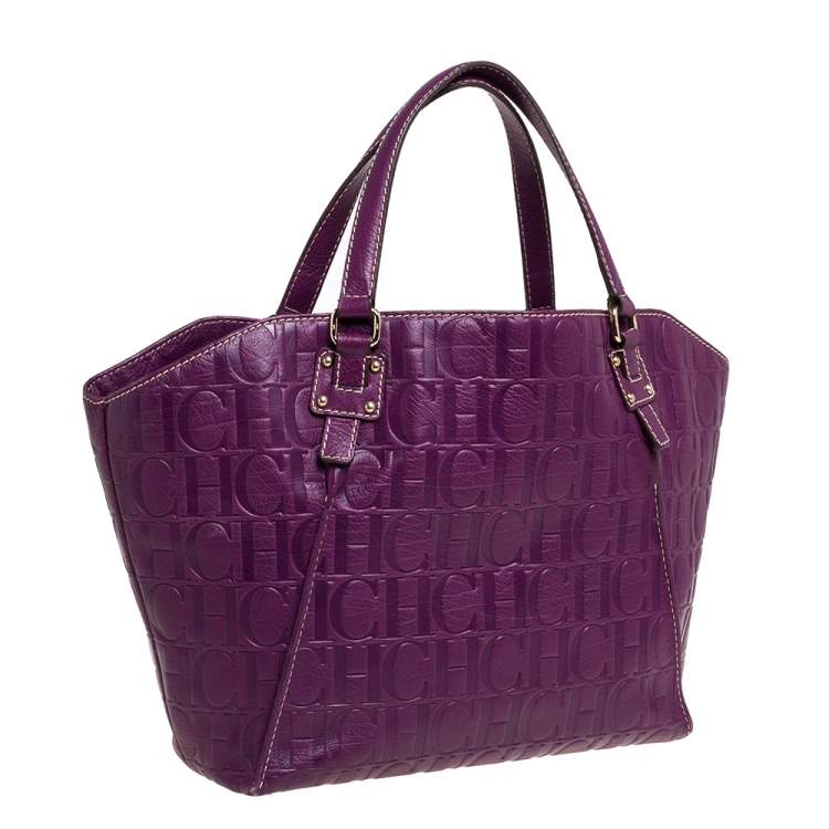 Pre Owned Carolina Herrera Purple Embossed Leather Open Tote