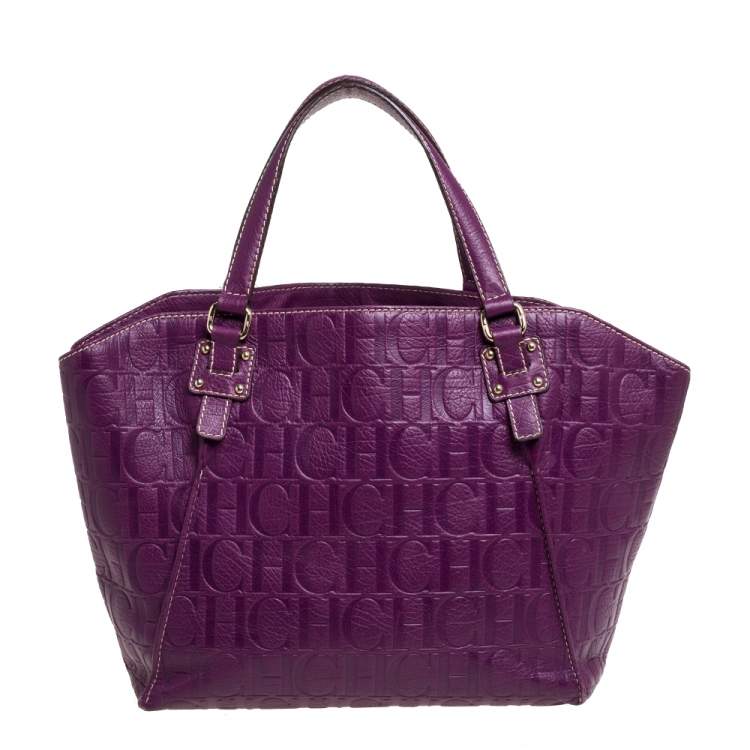Pre Owned Carolina Herrera Purple Embossed Leather Open Tote
