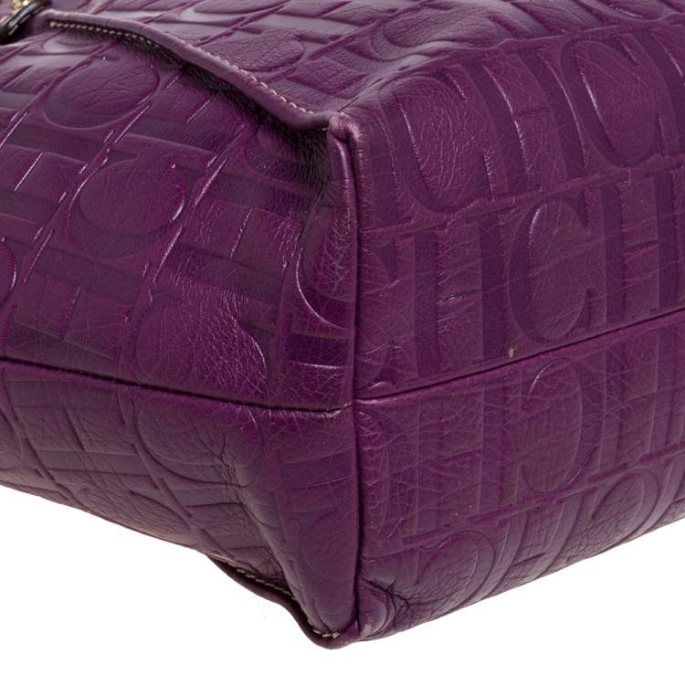 Pre Owned Carolina Herrera Purple Embossed Leather Open Tote