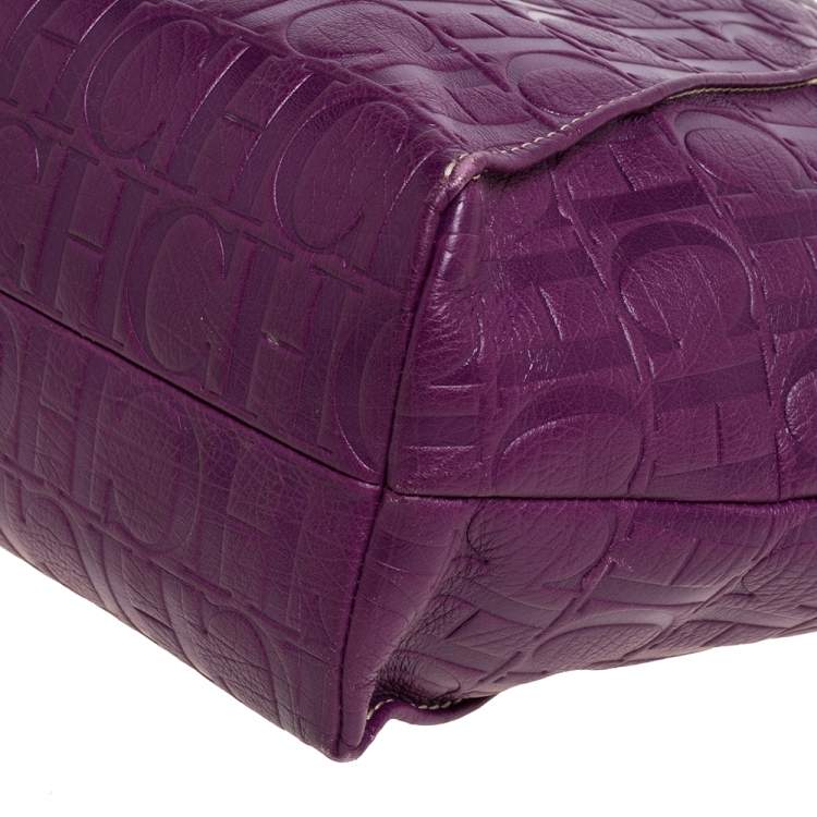 Pre Owned Carolina Herrera Purple Embossed Leather Open Tote
