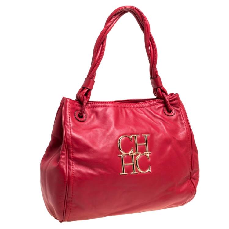 Pre Owned Carolina Herrera Red CH Logo Braided Handle Shoulder Bag