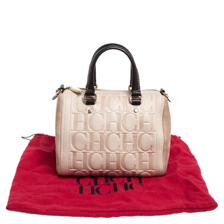 Pre Owned Carolina Herrera Beige/Brown Monogram Leather Mini Andy Boston Bag