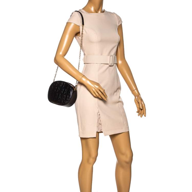 Pre Owned Carolina Herrera Black Embossed Leather Oval Shoulder Bag