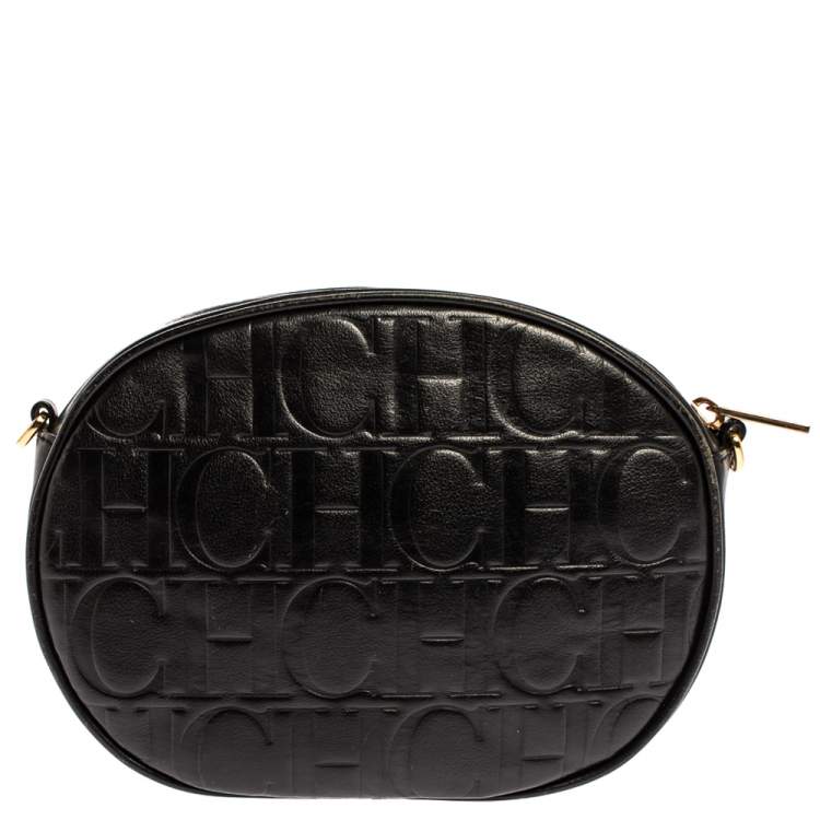 Pre Owned Carolina Herrera Black Embossed Leather Oval Shoulder Bag