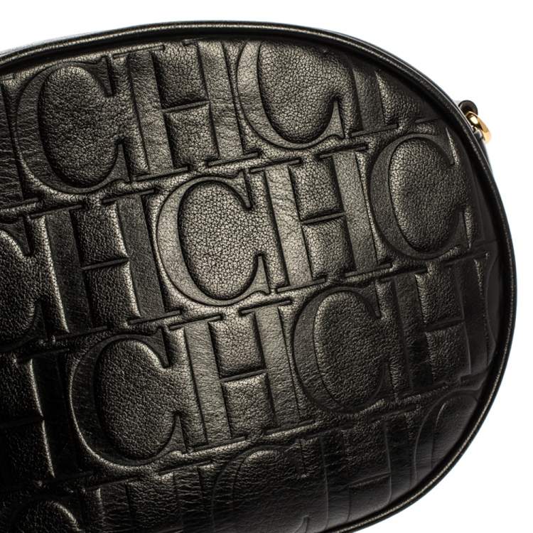 Pre Owned Carolina Herrera Black Embossed Leather Oval Shoulder Bag