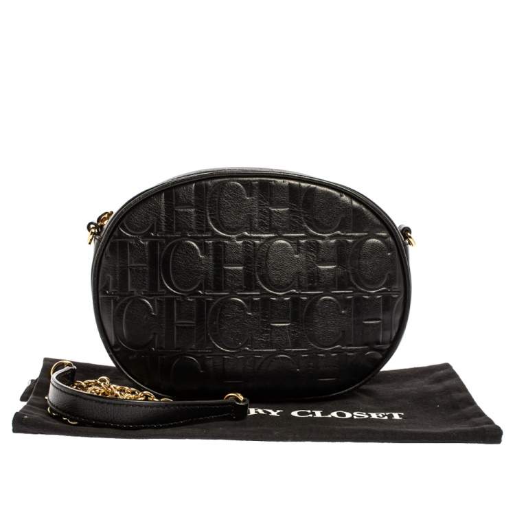 Pre Owned Carolina Herrera Black Embossed Leather Oval Shoulder Bag