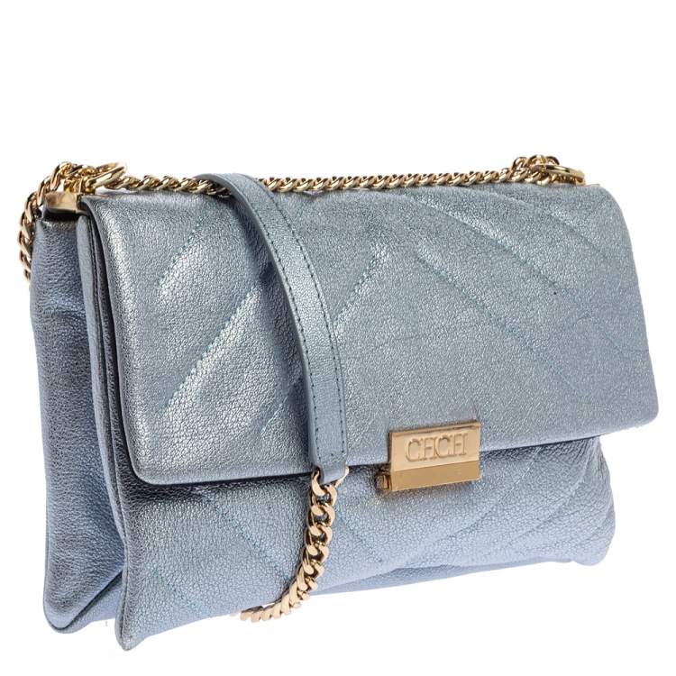 Pre Owned Carolina Herrera Metallic Blue Leather Flap Shoulder Bag