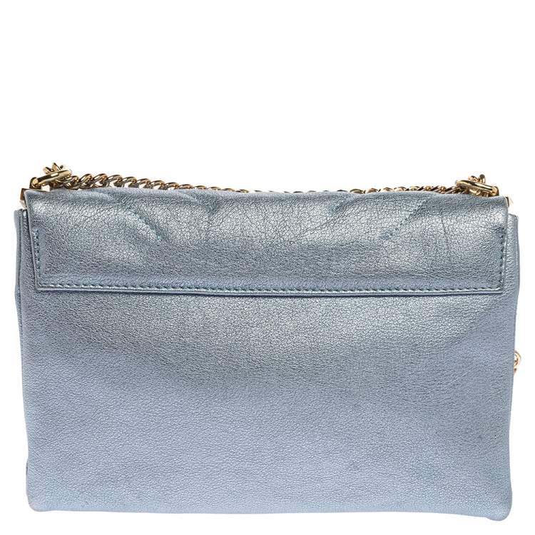 Pre Owned Carolina Herrera Metallic Blue Leather Flap Shoulder Bag
