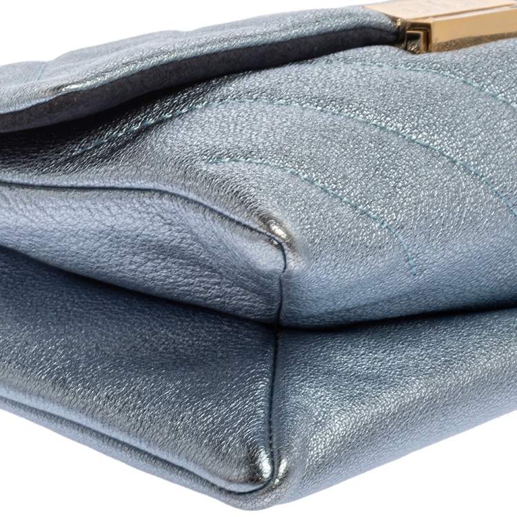 Pre Owned Carolina Herrera Metallic Blue Leather Flap Shoulder Bag