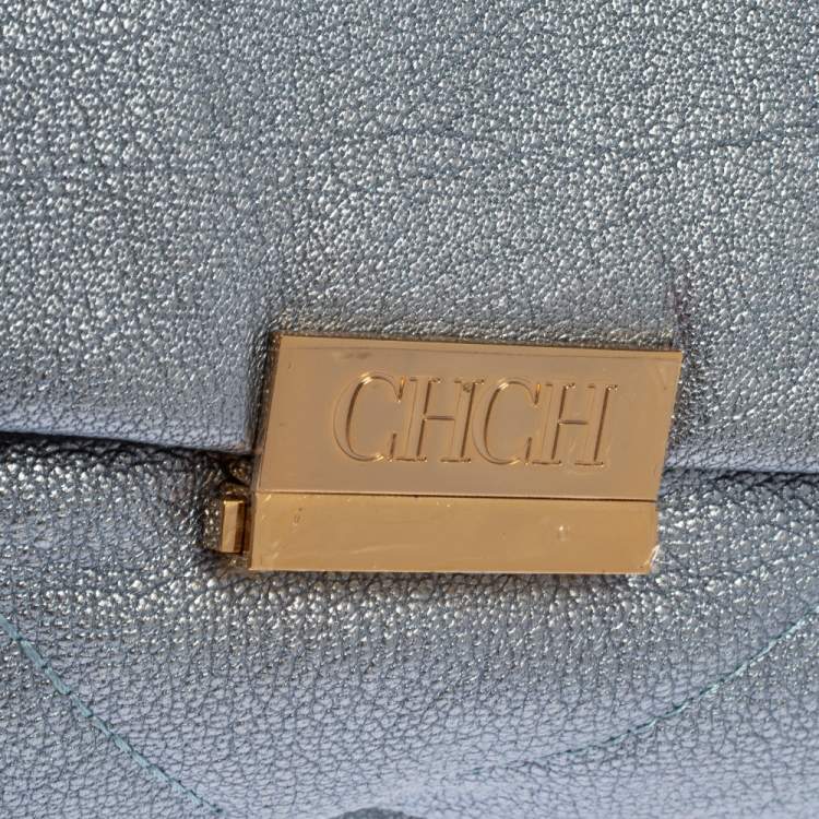 Pre Owned Carolina Herrera Metallic Blue Leather Flap Shoulder Bag