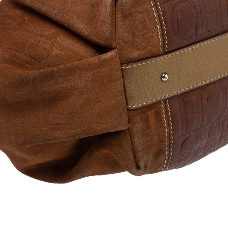 Pre Owned Carolina Herrera Brown Monogram Suede and Leather Chain Hobo