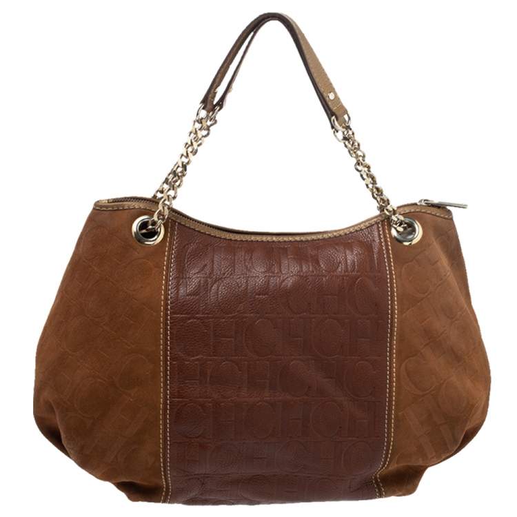 Pre Owned Carolina Herrera Brown Monogram Suede and Leather Chain Hobo