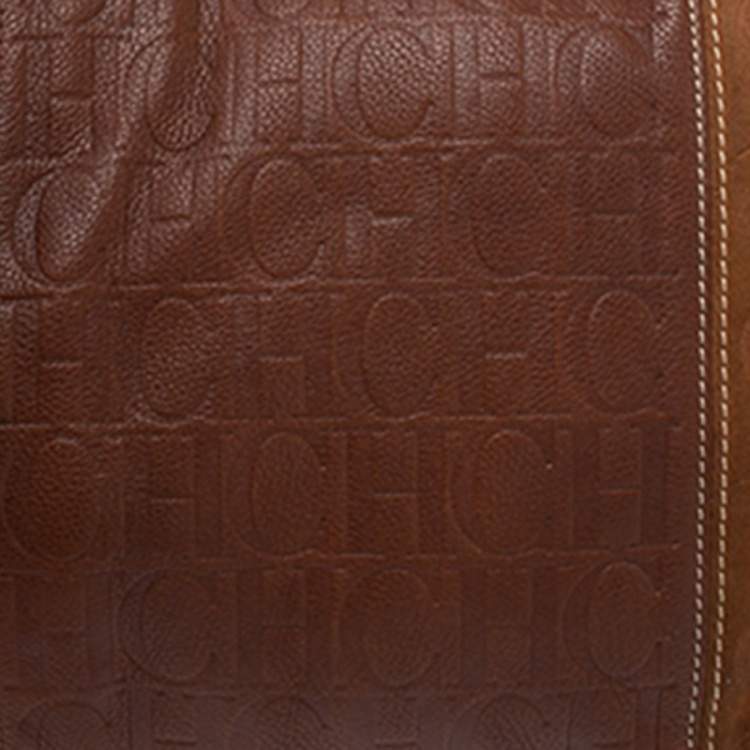 Pre Owned Carolina Herrera Brown Monogram Suede and Leather Chain Hobo