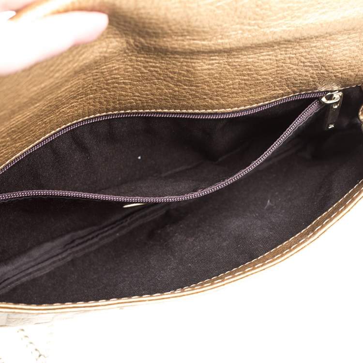 Pre Owned Carolina Herrera Gold Monogram Embossed Leather Bow Shoulder Bag