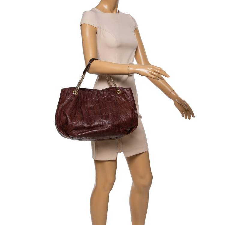 Pre Owned Carolina Herrera Brown Monogram Leather Chain Hobo